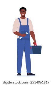 African American black repairman or mechanic with a toolbox. Man character in uniform with wrench in his hand. Vector illustration