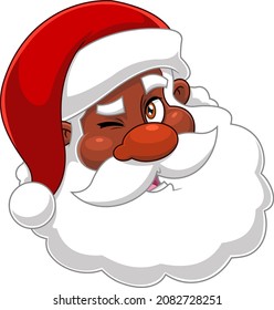 African American Black Santa Claus Face Portrait Cartoon Character Winks. Vector Hand Drawn Illustration Isolated On Transparent Background