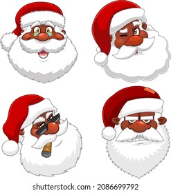 African American Black Santa Claus Face Cartoon Characters. Vector Collection Set Isolated On White Background