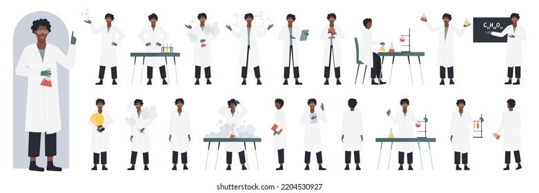 African american black Scientist character in research poses, side, front and back view set vector illustration. Cartoon young man teaching chemical formula, holding book and light bulb, lab equipment