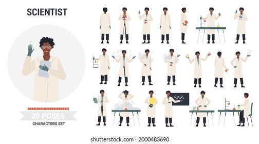 African american black scientist poses vector illustration set. Cartoon man character wearing lab coat, posing in scientific laboratory with science equipment, different gestures emotion