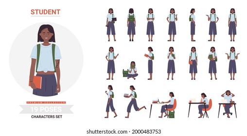 African american black student woman poses vector illustration set. Cartoon female teen character standing, walking or running with books and backpack, thinking about education tasks, posing isolated