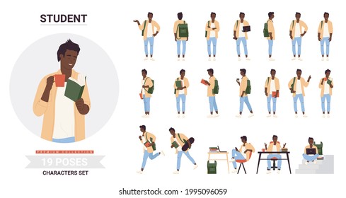 African american black student young man poses infographic vector illustration set. Cartoon student guy holding coffee cup, posing with book study, walking with backpack, running skateboard isolated