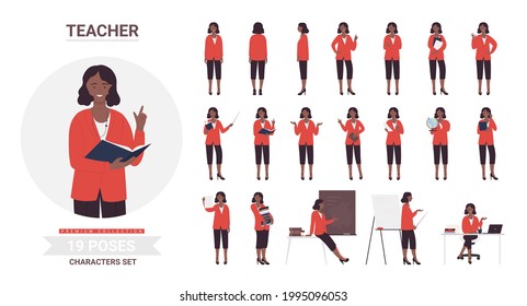African american black teacher woman poses vector illustration set. Cartoon smiling female school teacher character posing work pupils students, teaching postures lecture lesson collection isolated