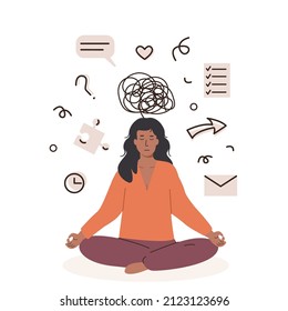 An african american black woman meditating and feeling overload with tasks. Burnout person doing yoga to manage stress. Businesswoman relaxing at work. ADHD character. Vector flat illustration.