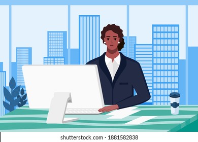 African American or Black Woman Work in Office with City Building in Background. Professional Worker in Suit Typing in Front of Computer PC or Desktop Character Flat Design Style Cartoon Illustration