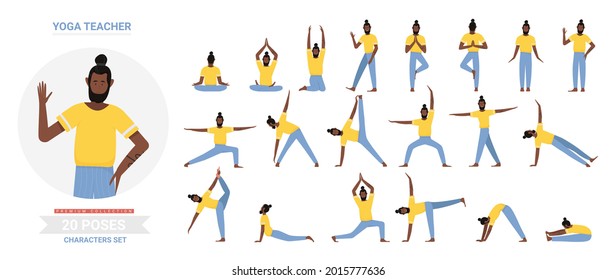 African american black yoga teacher poses vector illustration set. Cartoon yogist man doing yogi asana exercise, meditating, sitting lotus posture, infographic relaxation activity routine isolated