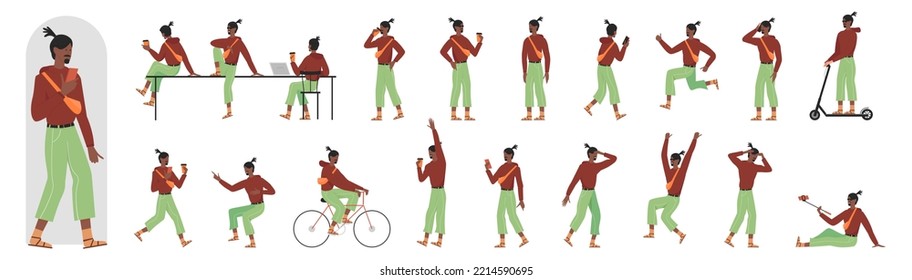 African American Black Young Man Poses In Front, Side And Back View Set Vector Illustration. Cartoon Guy With Beard And Sunglasses Riding Electric Scooter And Bicycle, Doing Selfie, Talking On Phone