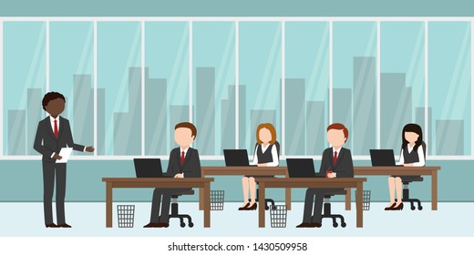 African American boss and his subordinates. Office routine. Vector illustration.