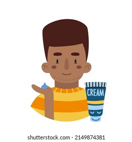 African American boy applies day or night cream, face skin care routine, cartoon style character, trendy modern flat vector illustration.