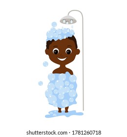 African or African American  boy with big brown eyes and hair bathes in the shower. Vector cartoon illustration of a child performing hygiene procedures in flat style isolated on white background.