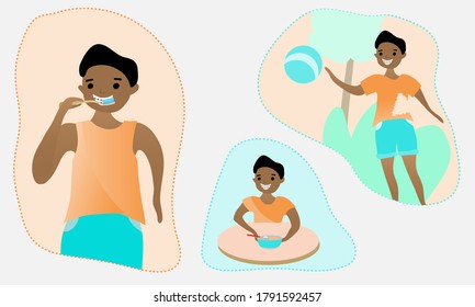 African American boy with braces showing everyday routine. Brushing teeth, having breakfast and playing. Dental health concept illustration. Flat vector.