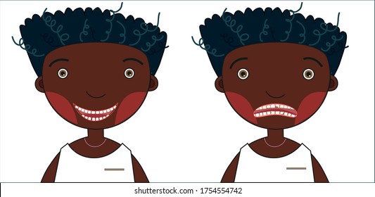 African American boy with a broken tooth and caries on one side and a happy smile on the other