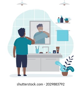 African american boy brushing teeth in bathroom. Sink with items for oral hygiene. Child clean teeth in front of mirror. Daily morning routine. Restroom interior design. Flat vector illustration