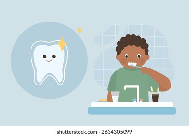 African american boy brushing teeth with toothpaste and tooth brush. Dental care. Proper teeth cleaning. Daily hygiene routines. Cute kid in bathroom. Symbol of healthy tooth. flat vector illustration