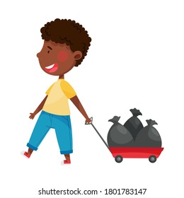 Pullplattform für afrikanische Jungen mit Müllpackung als sortierter Müll für Recycling-Vektorgrafik
