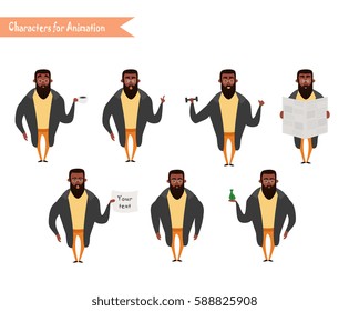 African American Boy character for your scenes. Funny cartoon. Vector illustration isolated on white background. Set for character speaks animations. Hipster beard