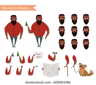 African American Boy character for your scenes. Parts of body template for design work and animation. Vector illustration isolated on white background. Hipster beard