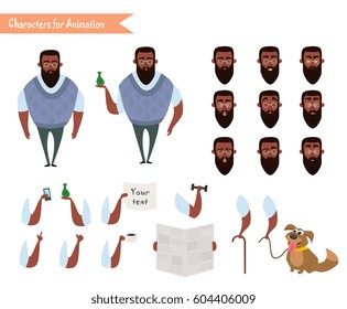 African American Boy character for your scenes. Parts of body template for design work and animation. Vector illustration isolated on white background. Hipster beard