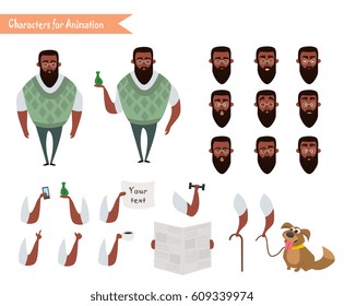 African American Boy character for your scenes. Parts of body template for design work and animation. Vector illustration isolated on white background. Hipster beard