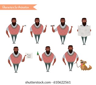 African American Boy character for your scenes. Funny cartoon. Vector illustration isolated on white background. Set for character speaks animations. Hipster beard