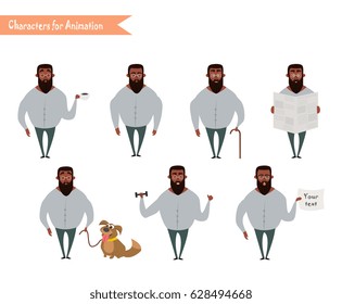 African American Boy character for your scenes. Funny cartoon. Vector illustration isolated on white background. Set for character speaks animations. Hipster beard