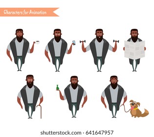 African American Boy character for your scenes. Funny cartoon. Vector illustration isolated on white background. Set for character speaks animations. Hipster beard