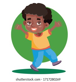 african american boy cheerfully runs somewhere bouncing upstairs, isolated object on white background, vector illustration,