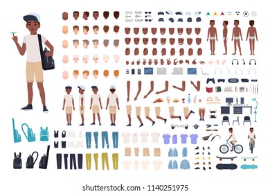 African American boy constructor or DIY kit. Collection of child or teen body parts, facial expressions, clothing isolated on white background. Colorful vector illustration in flat cartoon style.