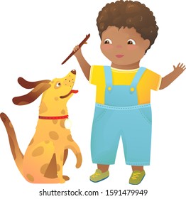 African American Boy and dog playing together happy friends. Friends forever a boy and a puppy dog child clip art cartoon kids graphic.