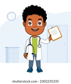 African American boy  dressed like a doctor holding clipboard in office 