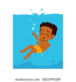 African American boy drowning looking sad and helpless in blue water struggling for survival cartoon illustration