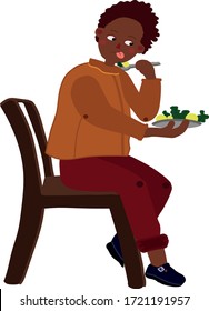 African American boy eats on a chair