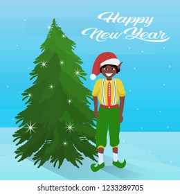 african american boy elf costume near fir tree happy new year merry christmas concept flat vector illustration