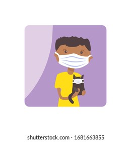 African american boy with face mask. COVID-19 quarantine conceptual vector illustration. Self isolation sign. Protection from coronavirus or respiratory virus. Prevent infection respiratory tract.