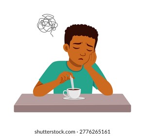 African American Boy Feeling Sad and Stressed Stirring Coffee with Tangled Thoughts Above Head at Table Illustration