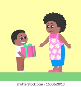 An African American boy gave his grandmother a present in a box. Everyone has a happy smile. Cartoon vector illustration.