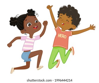 African American boy and girl play together, happily jump and dance. Concept of fun and vibrant moments of childhood. Vector illustrations.