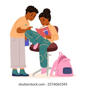 African American boy and a girl reading book together flat vector illustration isolated on white.