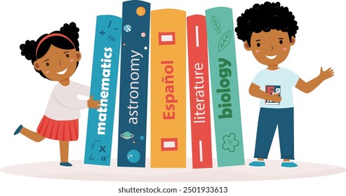 African american boy and girl stand beside textbooks. Returning to school and education. Cartoon characters.  Ideal for educational posters flyers or templates. Vector illustration on white background