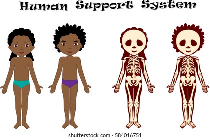 African American boy and girl unclothed. Kids bodies by X-ray. Anatomy, human support system