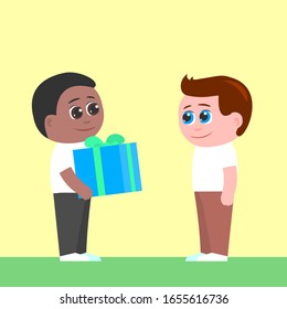 African American boy gives friend a gift in a box. Both are smiling. Vector cartoon illustration