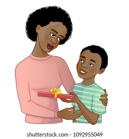 African American boy gives mother a gift on Mothers Day, vector image, eps10 