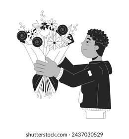 African american boy giving bouquet black and white 2D line cartoon character. Black male child isolated vector outline person. Floral arrangement childhood cute monochromatic flat spot illustration