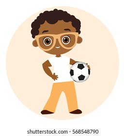 African American boy with glasses. Kid playing football. Vector illustration eps 10 isolated on white background. Flat cartoon style