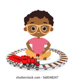 African American boy with glasses and toy train. Boy playing with train. Vector illustration eps 10 isolated on white background. Flat cartoon style