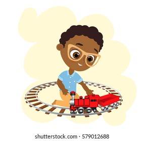 African American boy with glasses and toy train. Boy playing with train. Vector illustration eps 10 isolated on white background. Flat cartoon style