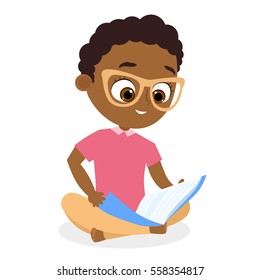 African American boy with glasses. Young boy reading a book sitting on the floor. Vector illustration eps 10. Flat cartoon style.