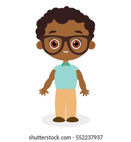 African American Boy With Glasses.Vector Illustration Eps 10 Isolated On White Background. Flat Cartoon Style
