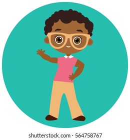 African American boy with glasses.Vector illustration eps 10 isolated on white background. Flat cartoon style.